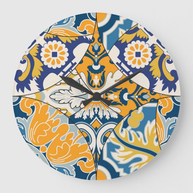 Azulejos Tiles Patchwork Vintage Wallpaper Large Clock (Front)