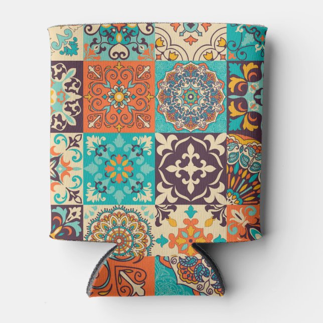 Azulejos Tiles Portuguese Boho Patchwork Can Cooler (Front)