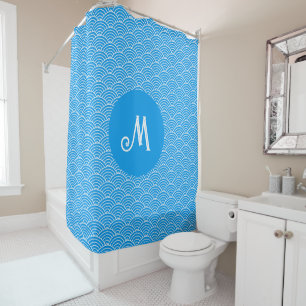 Azur Blue Wave Motif Monogramme Douche rideau