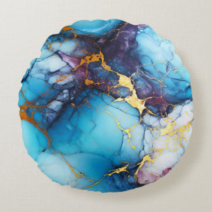 Azure & Amethyst Marble with Golden Veins Round Pillow