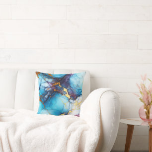 Azure & Amethyst Marble with Golden Veins Throw Pillow
