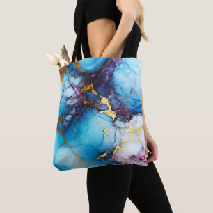 Azure & Amethyst Marble with Golden Veins Tote Bag