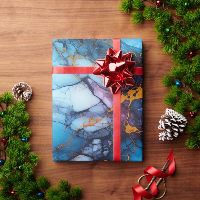 Azure & Amethyst Marble with Golden Veins Wrapping Paper (Holiday Gift)