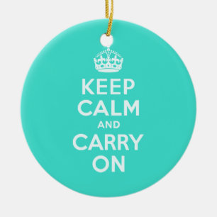 Azure and Turquoise Keep Calm and Carry On Ceramic Ornament