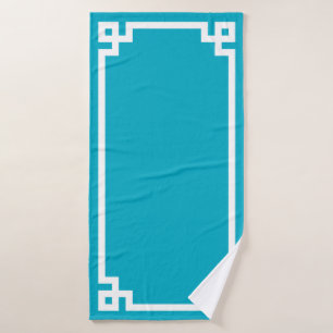 Azure and White Greek Key Border Bath Towel