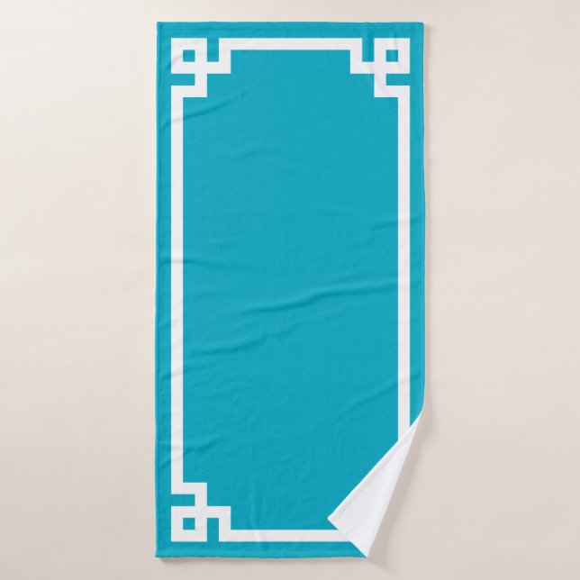 Azure and White Greek Key Border Bath Towel (Bath Towel)