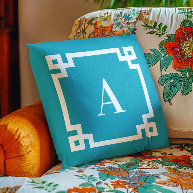 Azure and White Greek Key Border Monogram Outdoor Pillow (Azure and White Greek Key Border Monogram Outdoor Pillow)