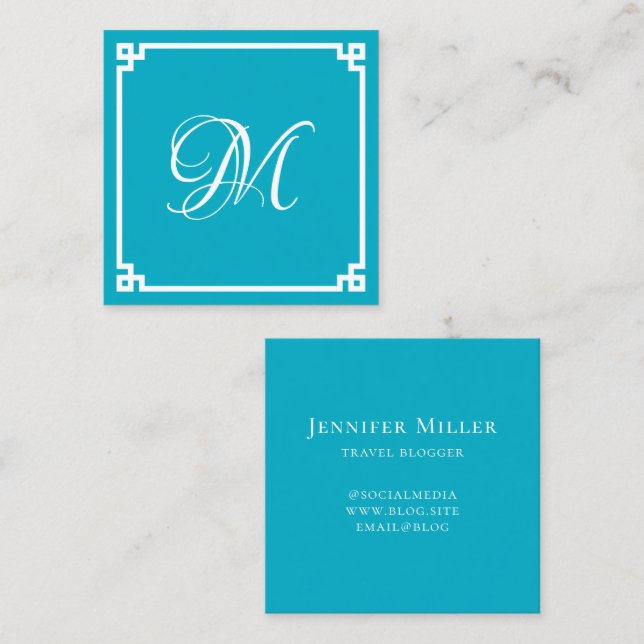 Azure and White Greek Key Calligraphy Monogram Square Business Card (Front/Back)