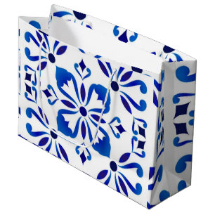 Azure Arabesque Floral Geometry Elegant Coastal Large Gift Bag