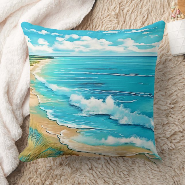 Azure Beach Calm Design Throw Pillow (Blanket)