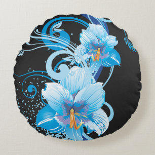 Azure Bloom Elegance Round Pillow