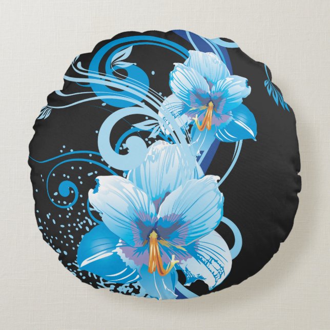 Azure Bloom Elegance Round Pillow (Front)