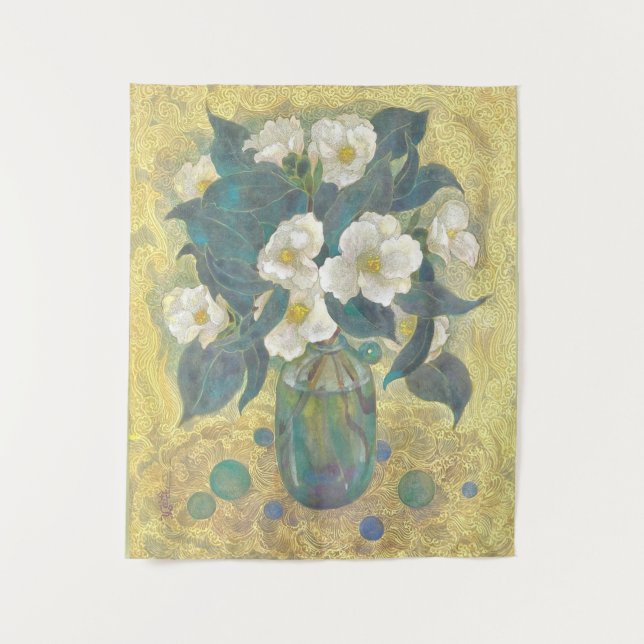 Azure Bloom of the Winter Camellia Tapestry (Front)