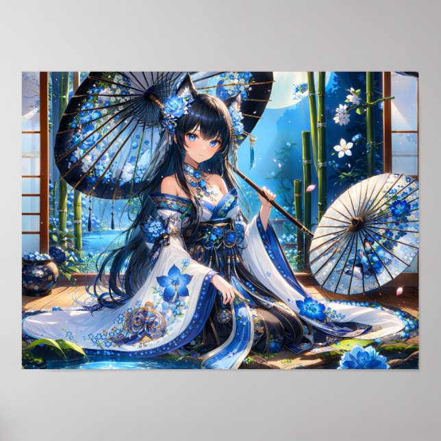 Azure Blossom Kimono Girl  Poster (Front)