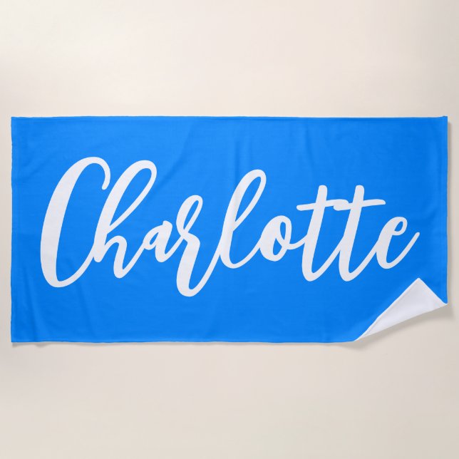 Azure Blue and White Lettering Script Beach Towel (Front)