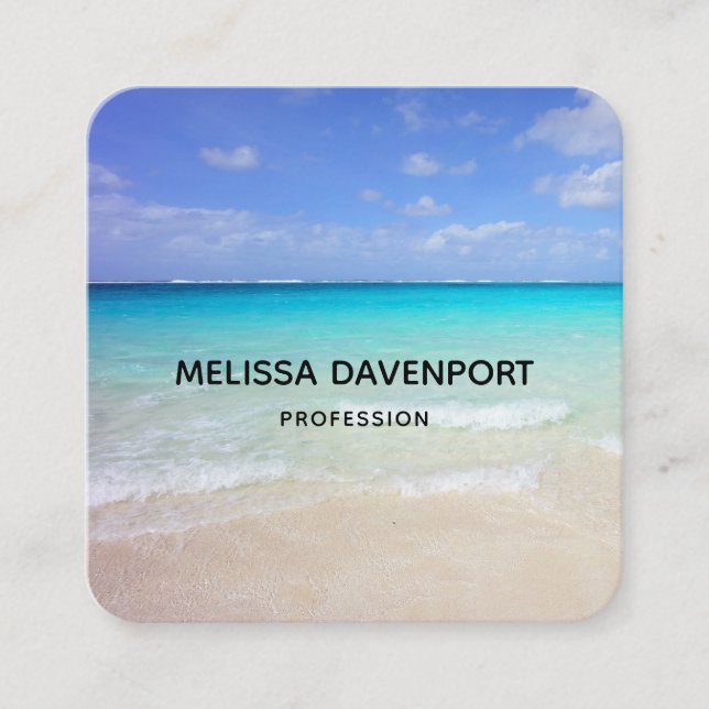 Azure Blue Caribbean Tropical Beach Square Business Card (Front)