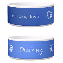 Azure Blue Eat Play Love Custom Dog Name Bowl