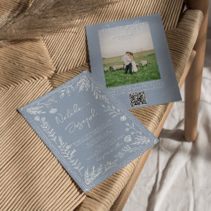 Azure Blue Floral Botanical QR Code Photo Wedding Invitation