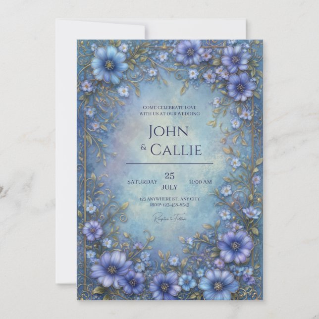 Azure Blue Ornate Blossom Frame Wedding Invitation (Front)