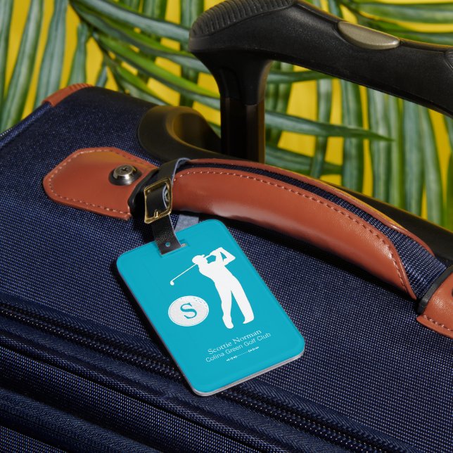 Azure Blue Personalized Golfer Monogram  Luggage Tag (Front Insitu 1)