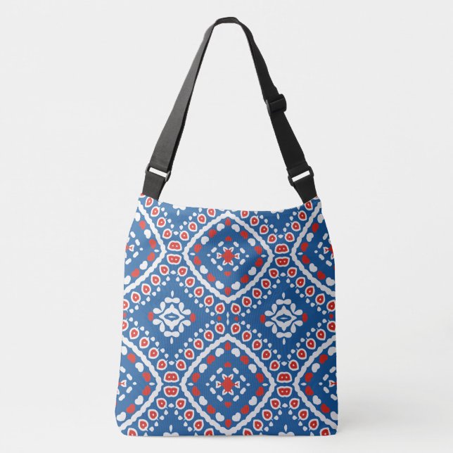 Azure Blue Red and White Ethnic Bohemian Pattern Crossbody Bag (Front)