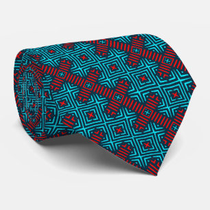 Azure Blue Red Retro Pattern Necktie