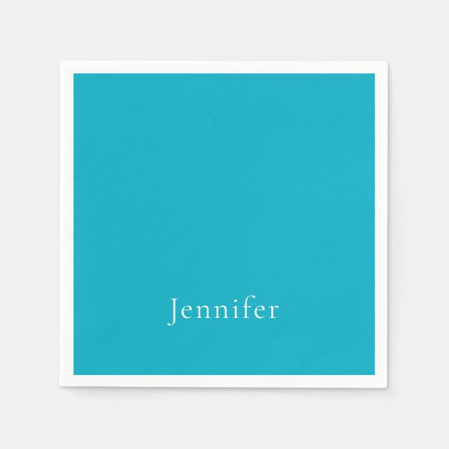 Azure Blue Trendy Modern Minimalist Name Napkin (Front)