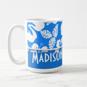 Azure Blue Tropical Hibiscus; Personalized Coffee Mug