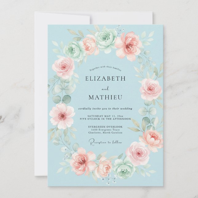Azure Blush Wreath Wedding Invitation (Front)