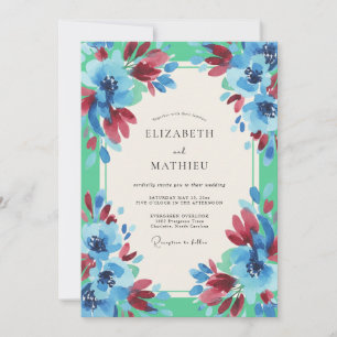 Azure Burgundy Watercolor Wedding Invitation