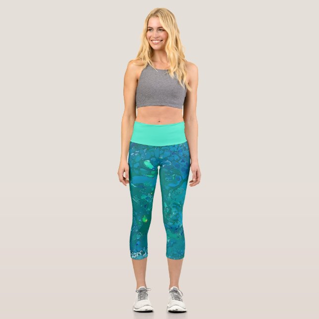 Azure Cells, Bright Cyan Capri Leggings (Front)