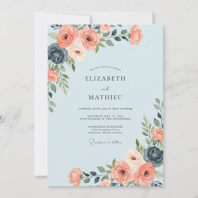 Azure Coral Peony Wedding Invitation (Front)