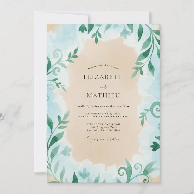 Azure Cream Leafy Wedding Invitation (Front)