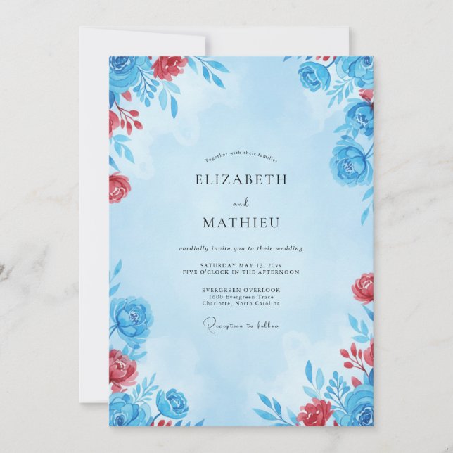 Azure Crimson Bloom Wedding Invitation (Front)