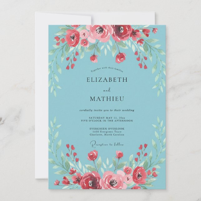Azure Crimson Ranunculus Eucalyptus Wedding Invitation (Front)