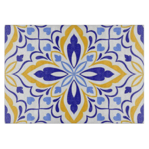 Azure Elegance  Blue and Gold Floral Mosaic Cutting Board