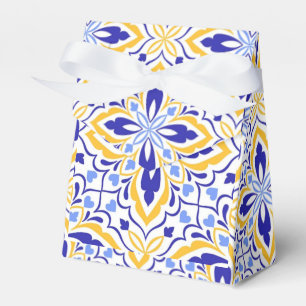 Azure Elegance  Blue and Gold Floral Mosaic Favor Box