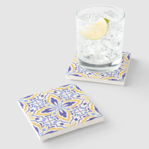 Azure Elegance  Blue and Gold Floral Mosaic Stone Coaster