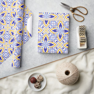 Azure Elegance  Blue and Gold Floral Mosaic Wrapping Paper
