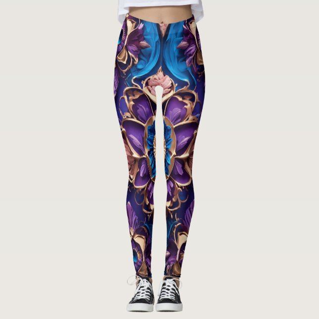 "Azure Elegance: Luxurious Blue Floral Leggings" Leggings (Front)