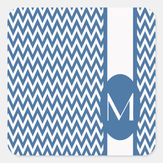 Azure Elegant Chevron Design with monogram Square Sticker (Front)