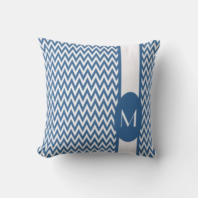 Azure Elegant Chevron Design with monogram Throw Pillow (Front)