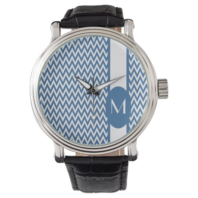 Azure Elegant Chevron Design with monogram Watch (Front)