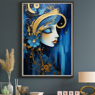Azure Empress – Blue and Gold Art Deco Woman Canvas Print