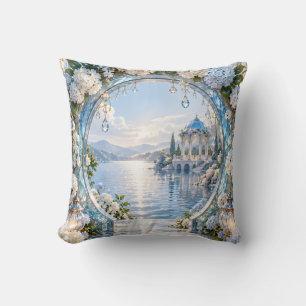 Azure Hydrangea Glass Moon Gate Lake Garden Throw Pillow
