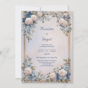 Azure Leaf Ornate Cream Rose Frame Wedding Invitation