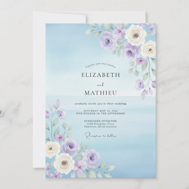Azure Lilac Leaf Wedding Invitation (Front)