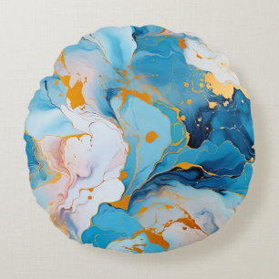 Azure Marble with Golden Splashes Round Pillow