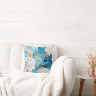 Azure Marble with Golden Splashes Throw Pillow