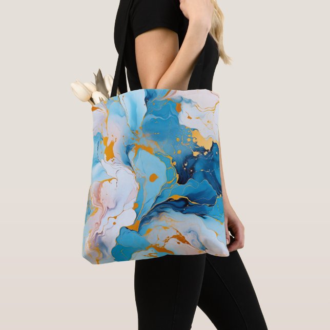 Azure Marble with Golden Splashes Tote Bag (Close Up)